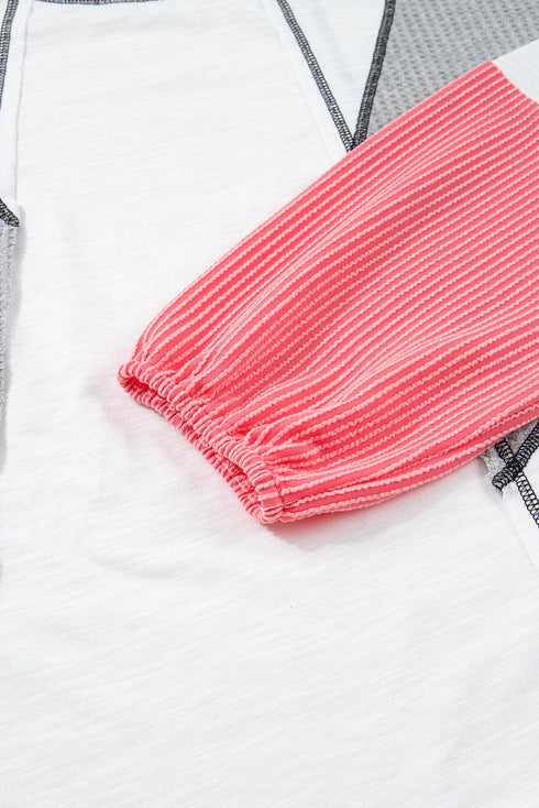 Waffle Patchwork Exposed Seam Balloon Sleeve Color Block Knit Top